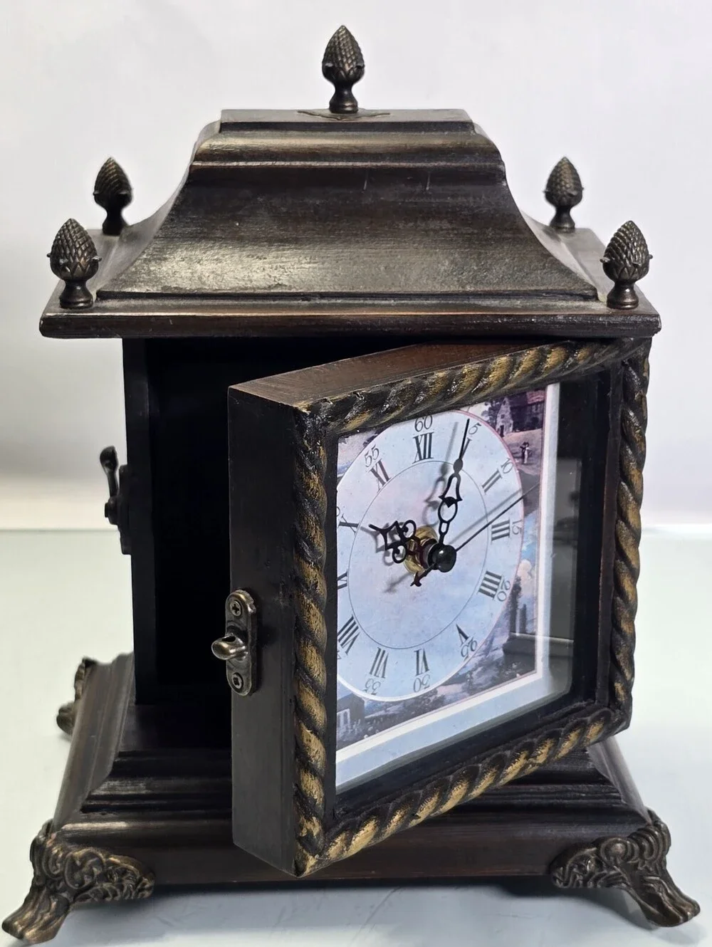 Vtg  Wooden Mantle Clock with Roman Numerals 10” Tall  New Batteries Installed.